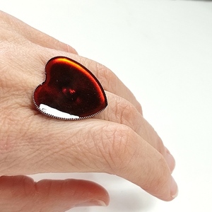 Δαχτυλίδι καρδιά με κόκκινο μαύρο υγρό γυαλί - ορείχαλκος, καρδιά, επιροδιωμένα, αυξομειούμενα, φθηνά - 2