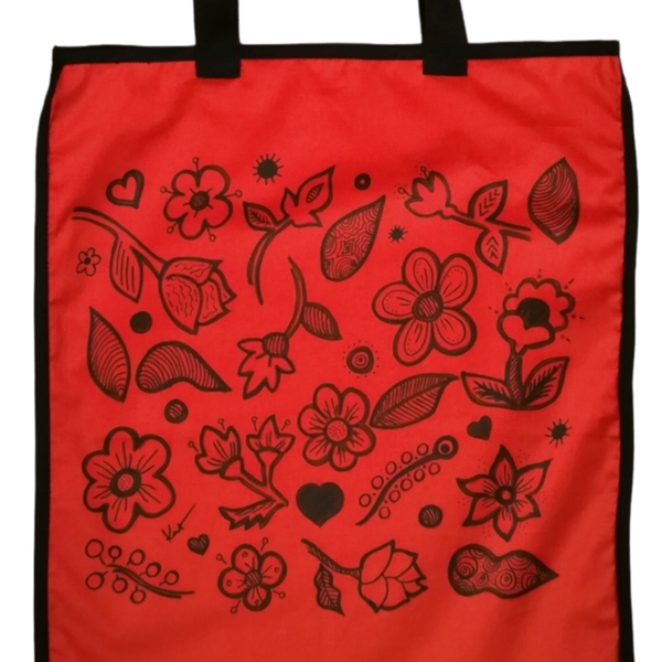 ΠΡΟΣΦΟΡΑ! 36×41 ζωγραφισμένη χειροποίητη Πορτοκαλι (μοναδική) τσάντα αδιαβροχη, shopper, tote bag, special price, HANDMADE, μαυρες λεπτομέρειες - ύφασμα, all day, πάνινες τσάντες - 4