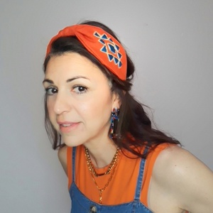 Στεκα χειροποιητη με κεντημα στο χέρι σε πορτοκαλί λινό ύφασμα - ύφασμα, headbands - 3
