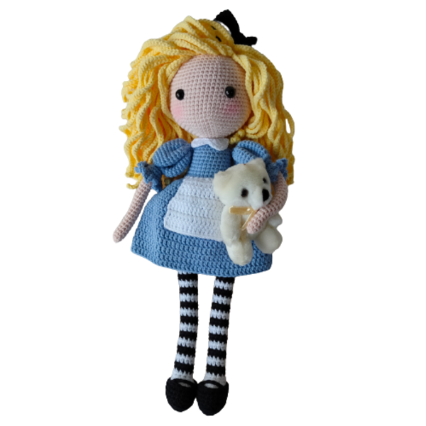 Πλεκτή κουκλίτσα με γαλάζιο φόρεμα και ξανθά μαλλιά 40cm - λούτρινα, κουκλίτσα, παιχνίδια, amigurumi, λούτρινα αρκουδάκια - 2