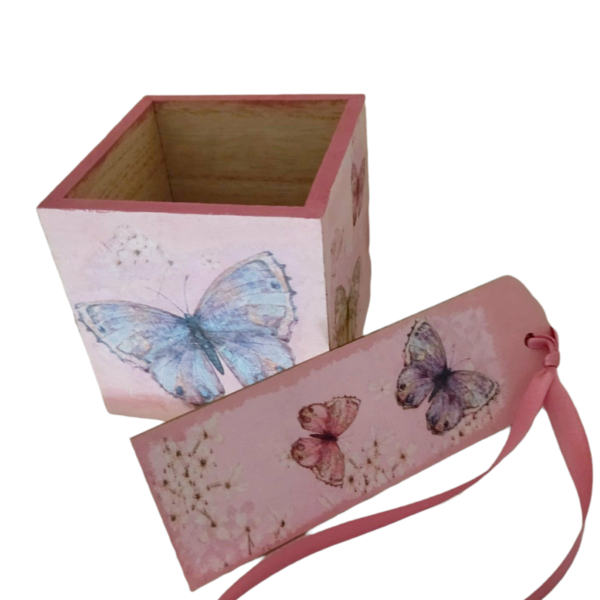 Σετ ξύλινη μολυβοθήκη και σελιδοδείκτης με θέμα τις πεταλούδες - δώρο, δώρα για δασκάλες, αξεσουάρ γραφείου