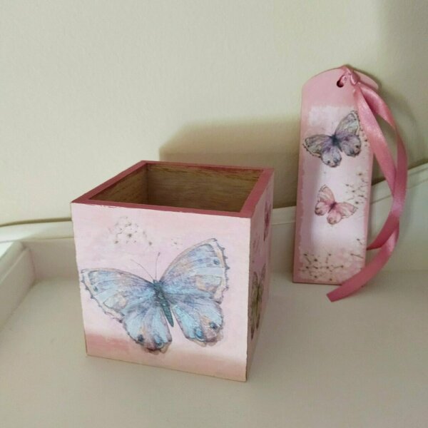 Σετ ξύλινη μολυβοθήκη και σελιδοδείκτης με θέμα τις πεταλούδες - δώρο, δώρα για δασκάλες, αξεσουάρ γραφείου - 2