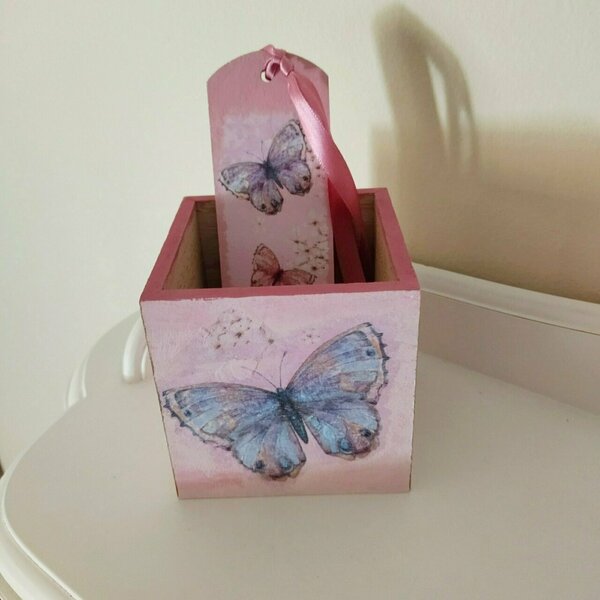 Σετ ξύλινη μολυβοθήκη και σελιδοδείκτης με θέμα τις πεταλούδες - δώρο, δώρα για δασκάλες, αξεσουάρ γραφείου - 4