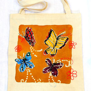 Ζωγραφισμένη στο χέρι πάνινη τσάντα πεταλούδες tote bag - ύφασμα, ώμου, μεγάλες, all day, tote