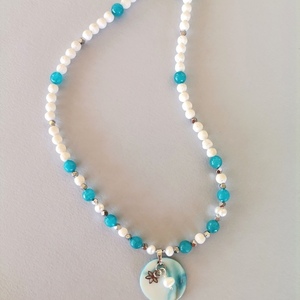 Κολιέ με λευκό κοράλι, μπλε αχάτη και φίλντισι - ημιπολύτιμες πέτρες, αστέρι, κοντά, ατσάλι, layering - 5