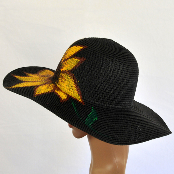 Ζωγραφισμένο στο χέρι μαύρο γυναικείο καπέλο Ηλιοτρόπιο - γυναικεία, χειροποίητα, ψάθινα - 5