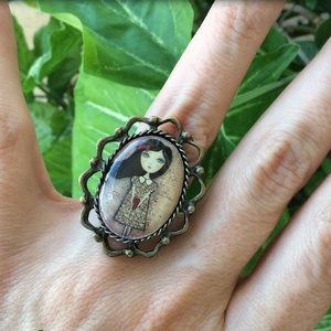Δαχτυλίδι με μπρονζέ βάση girl with a heart - vintage, γυαλί, μεγάλα, αυξομειούμενα