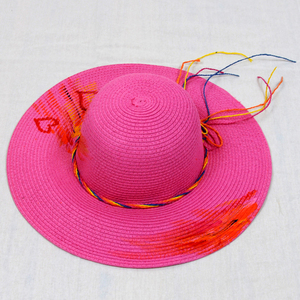 Ζωγραφισμένο στο χέρι ροζ γυναικείο καπέλο Καρδιές - γυναικεία, χειροποίητα, ψάθινα - 2