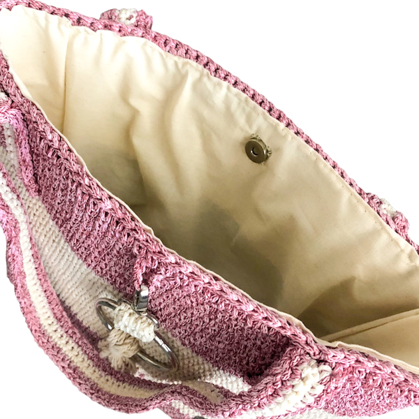 Πλεκτή μεγάλη ροζ-ιβουάρ τσάντα ώμου. Διαστάσεις: 32*34 εκ. - νήμα, ώμου, μεγάλες, all day, πλεκτές τσάντες - 4