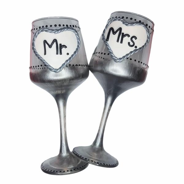 Σετ κολωνάτα ποτήρια Mr & Mrs από πολυμερικό πηλό - πηλός, mr & mrs, επέτειος, δώρα αγίου βαλεντίνου