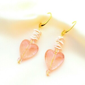 Σκουλαρίκια ροζ καρδιές μουράνο - γυαλί, επιχρυσωμένα, κρεμαστά, μεγάλα, γάντζος - 2