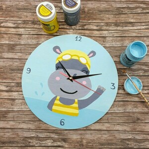Χειροποίητο ξύλινο ζωγραφισμένο επιτοίχιο ρολόι "Ιπποπόταμος" - αγόρι, ρολόγια, ζωάκια - 2
