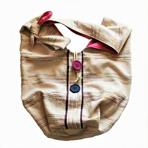 Υφασμάτινη τσάντα ώμου-χιαστί μπεζ λινό, χρωματιστές κεντητές γραμμές. - ύφασμα, ώμου, χιαστί, all day, πάνινες τσάντες