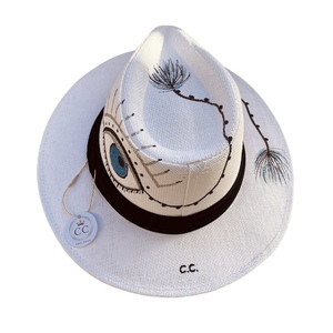 Καπέλο Panama - White evil eye - ζωγραφισμένα στο χέρι, απαραίτητα καλοκαιρινά αξεσουάρ, ψάθινα