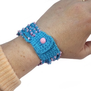 Beaded Crochet Bracelet " Bonnie", μπλε με ροζ πέρλες - μαμά, σταθερά, πέρλες, πολύσειρα, χεριού - 2