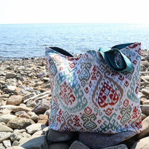 «Summertime Turquoise» Boho μπεζ μεγάλη υφασμάτινη tote τσάντα με πολύχρωμα ethnic σχέδια! - ύφασμα, ώμου, μεγάλες, all day, tote - 3