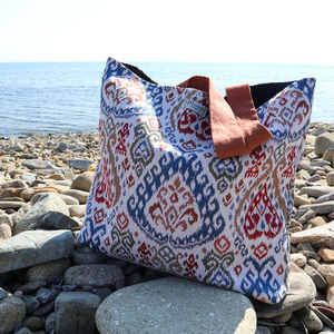 «Summertime Blue» Boho μπεζ μεγάλη υφασμάτινη tote τσάντα με πολύχρωμα ethnic σχέδια! - ύφασμα, ώμου, μεγάλες, all day, tote - 3