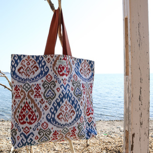 «Summertime Blue» Boho μπεζ μεγάλη υφασμάτινη tote τσάντα με πολύχρωμα ethnic σχέδια! - ύφασμα, ώμου, μεγάλες, all day, tote - 4