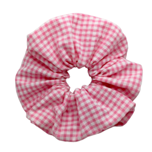 Υφασμάτινο λαστιχάκι scrunchie - pink & white bubblicious - ύφασμα, κορίτσι, καρό, λαστιχάκια μαλλιών