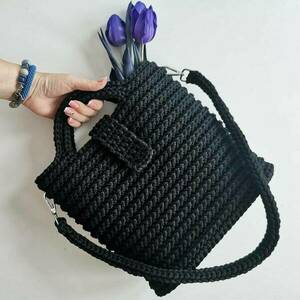 Black Croched Bag - νήμα, μεγάλες, χειρός, tote, πλεκτές τσάντες