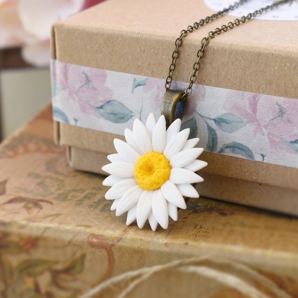Daisy | Μπρούτζινο Μενταγιόν Μαργαρίτα (Πολυμερικός Πηλός, Μπρούτζος) (Μήκος 40cm + 5cm) - charms, κοντά, λουλούδι, μπρούντζος, αυξομειούμενα - 3