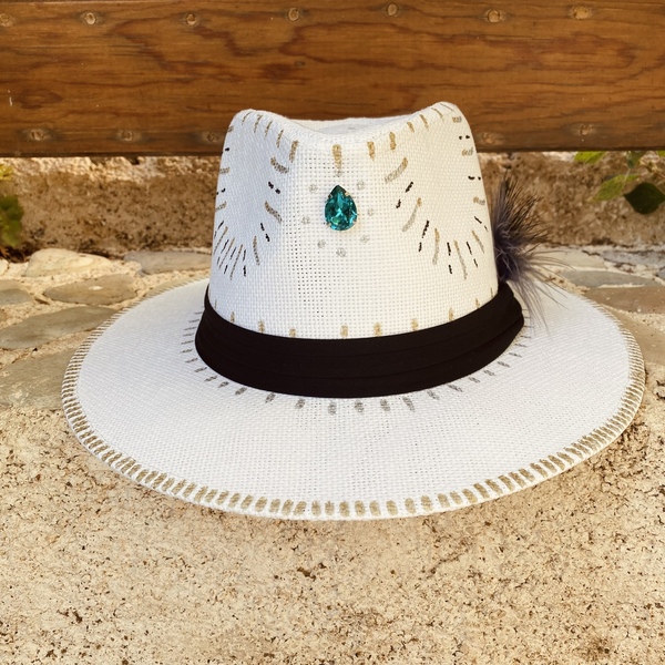 Καπέλο ψάθινο Panama - Turquoise crystal - ζωγραφισμένα στο χέρι, απαραίτητα καλοκαιρινά αξεσουάρ, ψάθινα - 2