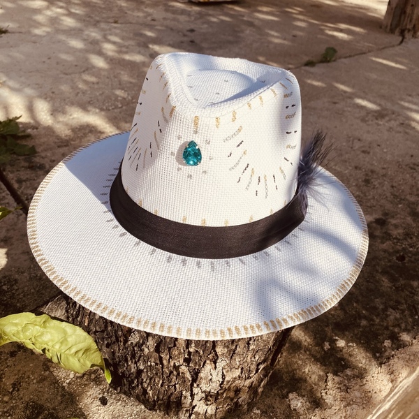 Καπέλο ψάθινο Panama - Turquoise crystal - ζωγραφισμένα στο χέρι, απαραίτητα καλοκαιρινά αξεσουάρ, ψάθινα - 4