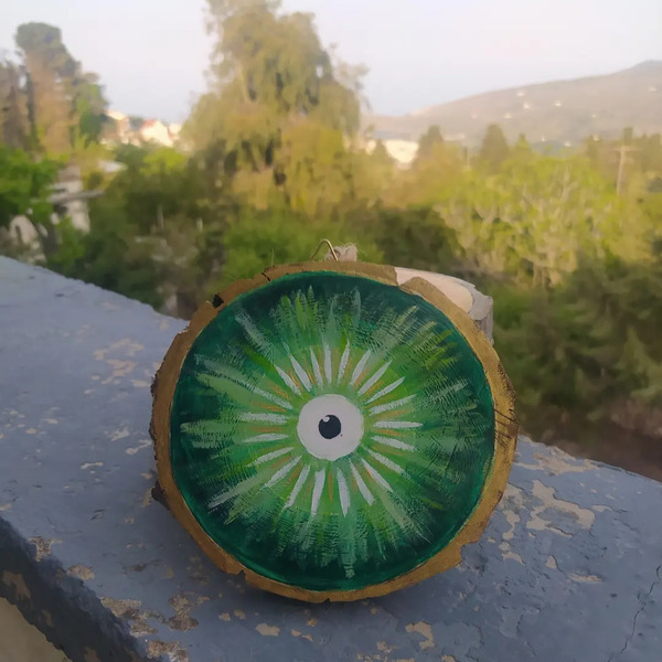 Abstract evileye in green ξύλο καρυδιάς ζωγραφισμένο με ακρυλικά χρώματα, 12 εκ - evil eye, διακοσμητικά - 2