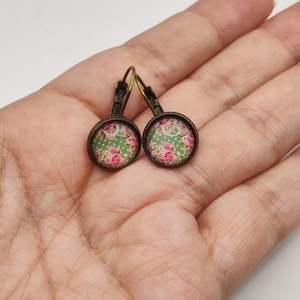 Vintage σκουλαρίκια 12mm pink romance - ορείχαλκος, λουλούδι, μικρά, κρεμαστά, γάντζος - 5