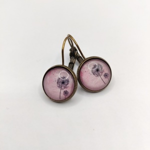 Vintage σκουλαρίκια 12mm pink dandelions - γυαλί, ορείχαλκος, λουλούδι, μικρά, κρεμαστά