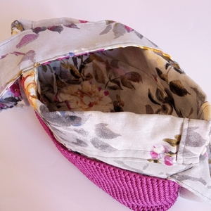 Γυναικεία χειροποίητη τσάντα ώμου μωβ πλεκτή με βελονάκι επενδυμένη με ύφασμα με λουλούδια - ύφασμα, νήμα, ώμου, φλοράλ, πλεκτές τσάντες - 5