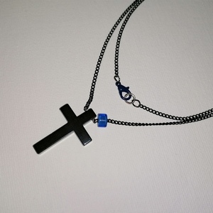 Αντρικός σταυρός από αιματίτη με μπλε χάντρα. - ημιπολύτιμες πέτρες, κολιέ, σταυροί - 2