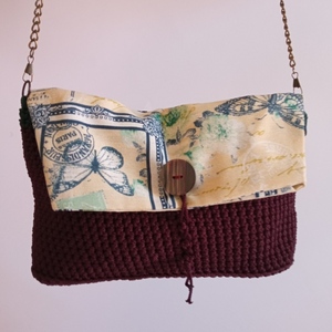 Γυναικεία χειροποίητη τσάντα ώμου ή χιαστί φάκελος πλεγμένη με βελονάκι και επενδυμένη με ύφασμα φλοράλ και μπρονζέ αλυσίδα - ύφασμα, ώμου, χιαστί, φλοράλ, πλεκτές τσάντες - 2