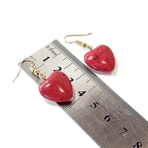 Σκουλαρίκια καρδιές κόκκινες χαολίτη - ημιπολύτιμες πέτρες, επιχρυσωμένα, μικρά, κρεμαστά, φθηνά - 2