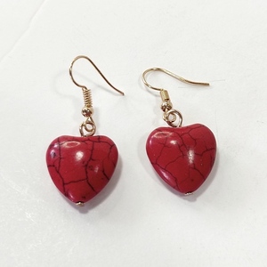 Σκουλαρίκια καρδιές κόκκινες χαολίτη - ημιπολύτιμες πέτρες, επιχρυσωμένα, μικρά, κρεμαστά, φθηνά - 4