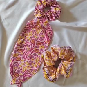 Χειροποιητο υφασμάτινο scarf scrunchie λαστιχάκι μαλλιών κοκαλάκι με λαχουρια και ουρά 1τμχ medium size. - ύφασμα, boho, λαστιχάκια μαλλιών - 4