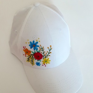 Καπέλο, τζοκευ, με κέντημα, λευκό χρώμα, με λουλούδια, 59 εκατοστά, βαμβακερό, χειροποίητο,γυναικείο καπέλο, με γείσο. - ύφασμα, κεντητά - 2