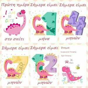Αναμνηστικές κάρτες ανάπτυξης- milestone cards - για τον πρώτο χρόνο του μωρού με θέμα δεινοσαυράκια ( 13 χ 18 εκ.) για κορίτσι - κορίτσι, αναμνηστικά