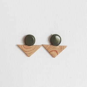 |Wood Texture & Oil Green |Geometrical Shape - POLYMER CLAY - Earrings - πηλός, γεωμετρικά σχέδια, καρφωτά, μεγάλα, καρφάκι