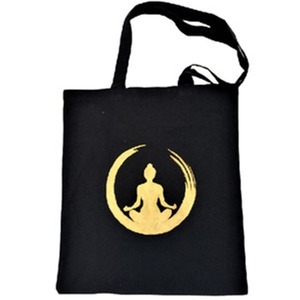 “Yoga”-Τσάντα υφασμάτινη 41*36 με μακριά χερούλια ζωγραφισμένη στο χέρι με χρυσαφί χρώμα - ύφασμα, ώμου, δώρα για γυναίκες, πάνινες τσάντες, φθηνές