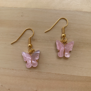 Σκουλαρίκια πεταλούδες ροζ παστέλ - χαλκός, πεταλούδα, κρεμαστά, γάντζος - 3