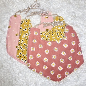 Boho Σαλιάρες δύο όψεων, σετ των 3 ροζ-κίτρινο - κορίτσι, βρεφικά, προίκα μωρού, δώρο γέννησης, σαλιάρες - 2