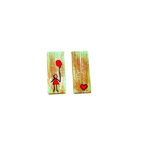 Ξύλινα σκουλαρίκια ζωγραφισμένα vintage - ξύλο, κρεμαστά, μεγάλα, καρφάκι