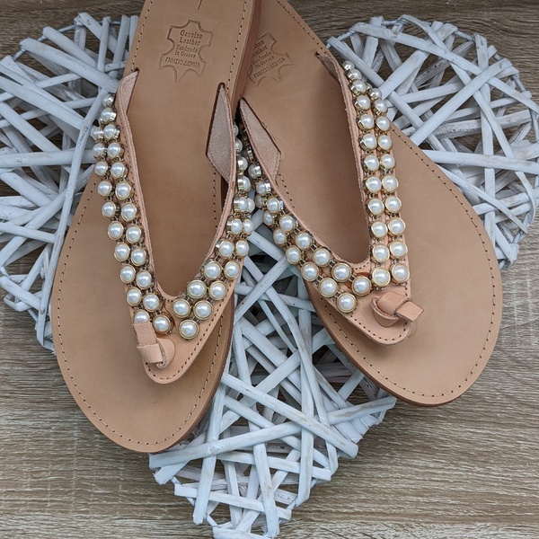 Δερμάτινα Σανδάλια White Pearls Sandals - δέρμα, πέρλες, φλατ, διχαλωτά - 2