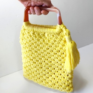 Τσάντα πλεκτή κίτρινη με κοκκάλινα χερούλια - νήμα, χειρός, πλεκτές τσάντες, μικρές - 2