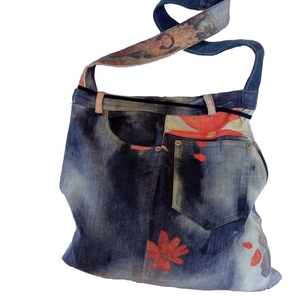 Γυναικεία χειροποίητη τσάντα ώμου με ύφασμα από ελαστικό τζιν - ύφασμα, ώμου, all day, πάνινες τσάντες