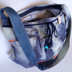 Γυναικεία χειροποίητη τσάντα ώμου με ύφασμα από ελαστικό τζιν - ύφασμα, ώμου, all day, πάνινες τσάντες - 3