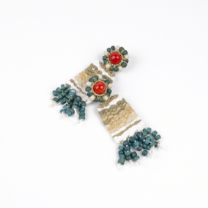 ATHINA MAILI - Κρεμαστά υφαντά σκουλαρίκια με ξύλινες χάντρες κεντημένα πολύχρωμα - νήμα, χάντρες, boho, κρεμαστά, μεγάλα