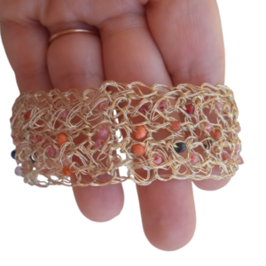 Wire crochet φαρδύ βραχιόλι με χάντρες - μήκος 17 cm - χαλκός, χάντρες, σταθερά, χεριού, φαρδιά - 2