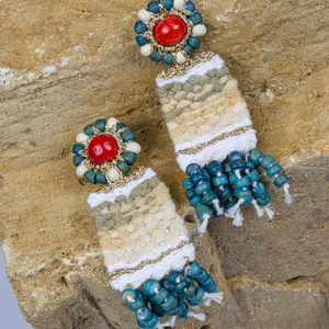 ATHINA MAILI - Κρεμαστά υφαντά σκουλαρίκια με ξύλινες χάντρες κεντημένα πολύχρωμα - νήμα, χάντρες, boho, κρεμαστά, μεγάλα - 3